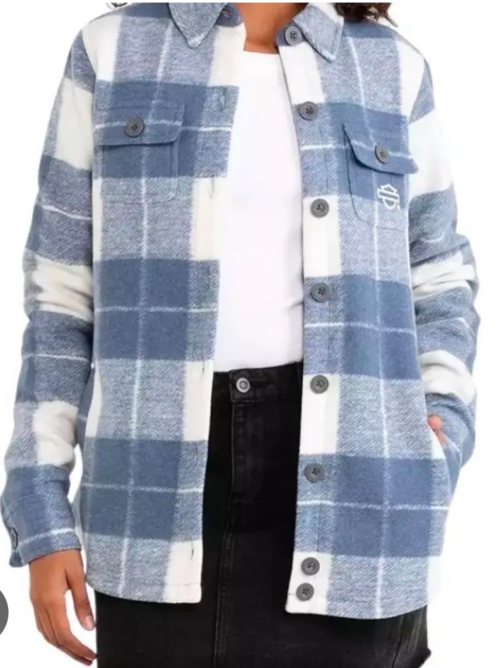 Harley-Davidson Jacket Small “Onwards Shirt” Blue White Plaid Shacket Lined Cozy